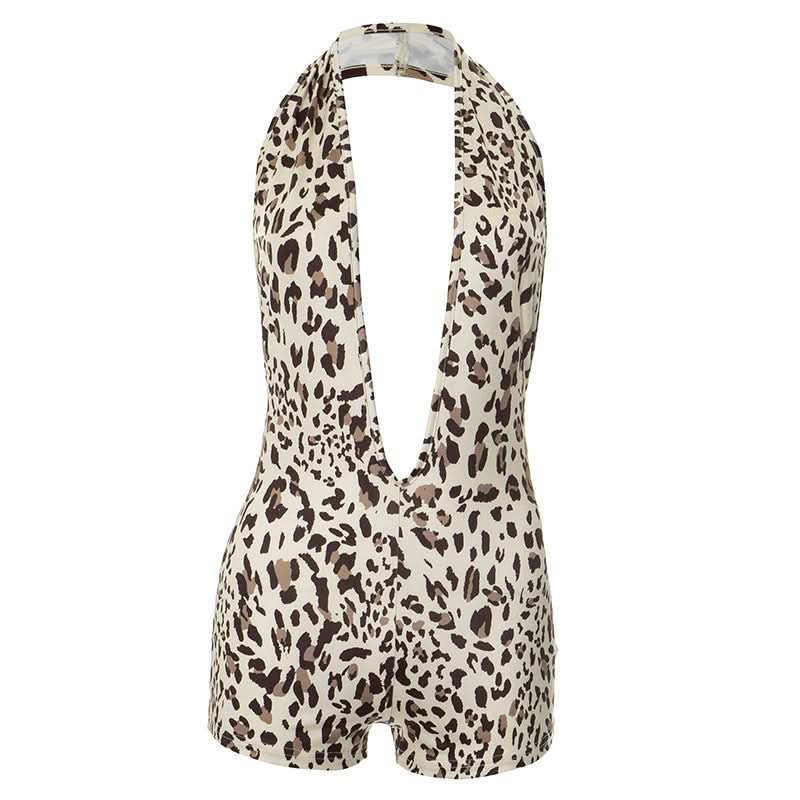Unleash Your Wild Side: Fierce Leopard Deep V Halter Romper - Fall Party & Halloween Ready