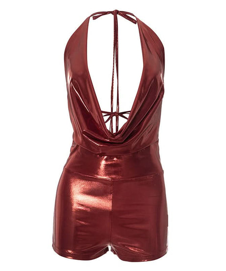 Liquid Metallic Cowl Neck Halter Romper - Daring Plunge for Holiday Parties & NYE