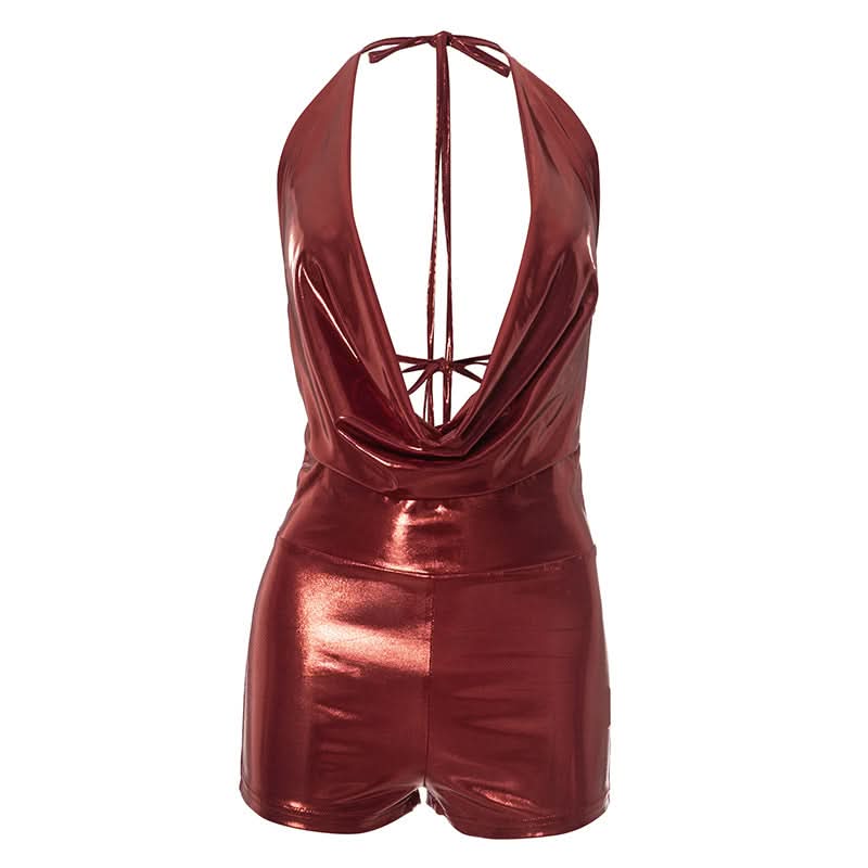 Liquid Metallic Cowl Neck Halter Romper - Daring Plunge for Holiday Parties & NYE