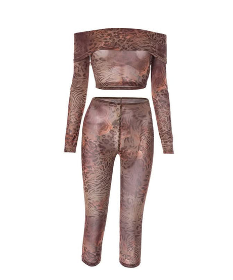 Fierce Fall Nights: Mesh Animal Print Off-Shoulder Crop Top & Leggings Set