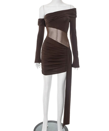Sultry Chocolate Mesh Cutout Mini Dress - Off-Shoulder Ruched Party Dress for Fall Nights