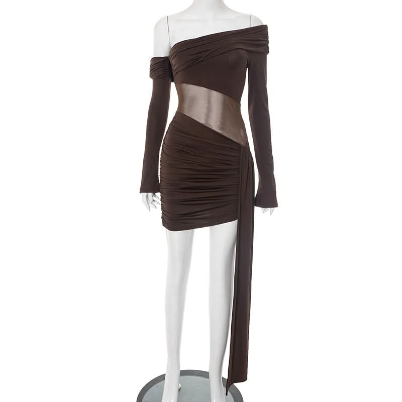 Sultry Chocolate Mesh Cutout Mini Dress - Off-Shoulder Ruched Party Dress for Fall Nights