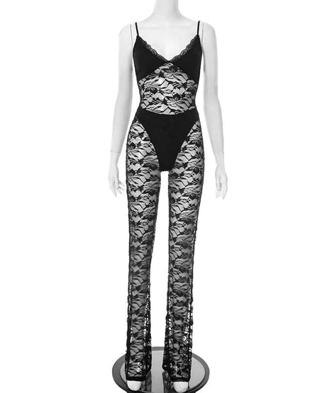Sultry Black Lace Sheer Jumpsuit - Daring V-Neck Cami for Fall Nights & Halloween