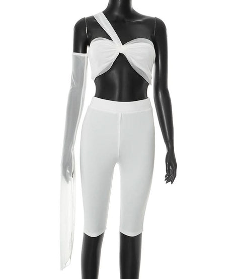 Iconic White One-Shoulder Mesh Crop Top & Biker Shorts Set – Trendy Fall Party & Vacation Statement 2-Piece Outfit