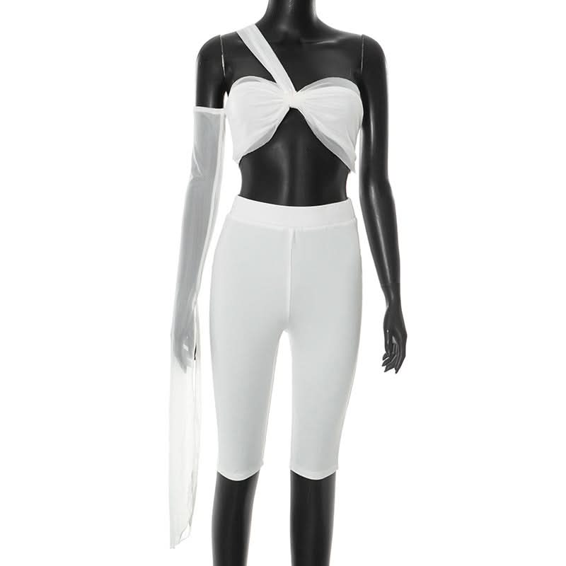 Iconic White One-Shoulder Mesh Crop Top & Biker Shorts Set – Trendy Fall Party & Vacation Statement 2-Piece Outfit