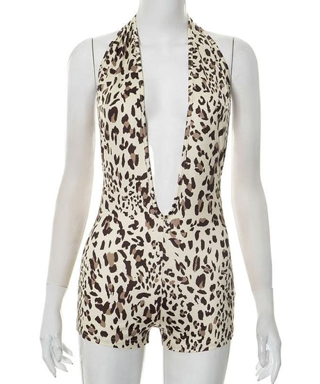 Unleash Your Wild Side: Fierce Leopard Deep V Halter Romper - Fall Party & Halloween Ready