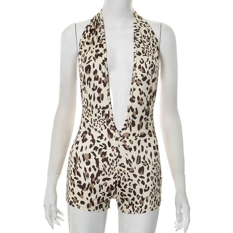 Unleash Your Wild Side: Fierce Leopard Deep V Halter Romper - Fall Party & Halloween Ready