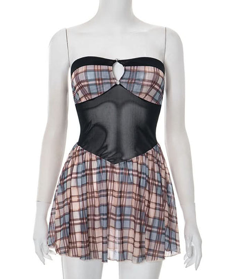 Fall Plaid Mesh Cut-Out Mini Dress - Strapless Y2K Party & Goth-Chic Style