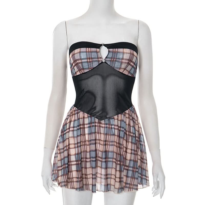 Fall Plaid Mesh Cut-Out Mini Dress - Strapless Y2K Party & Goth-Chic Style