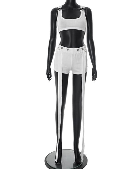 White Ribbed Square Neck Crop Top & Long-Tie Shorts Set - Chic Vacation & Party Ready