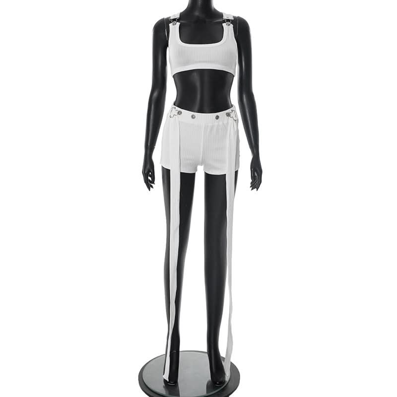 White Ribbed Square Neck Crop Top & Long-Tie Shorts Set - Chic Vacation & Party Ready