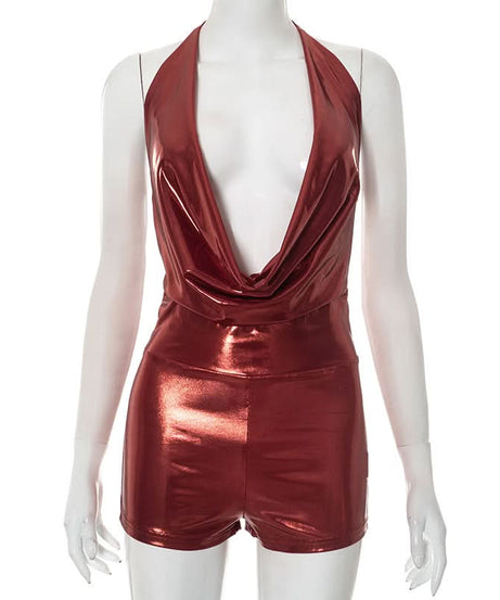 Liquid Metallic Cowl Neck Halter Romper - Daring Plunge for Holiday Parties & NYE