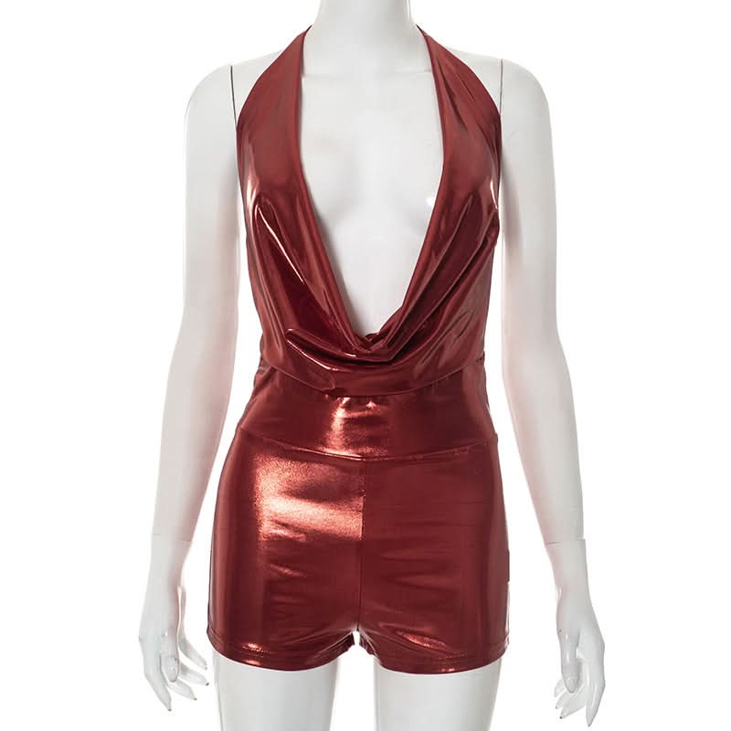 Liquid Metallic Cowl Neck Halter Romper - Daring Plunge for Holiday Parties & NYE