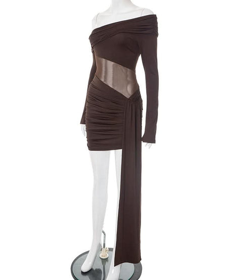 Sultry Chocolate Mesh Cutout Mini Dress - Off-Shoulder Ruched Party Dress for Fall Nights