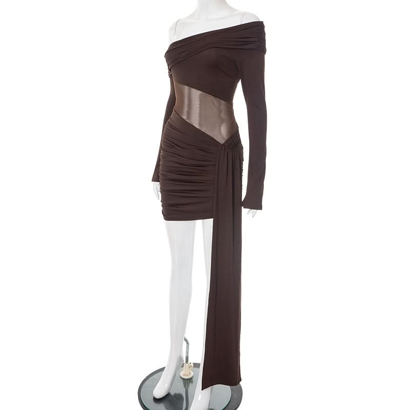 Sultry Chocolate Mesh Cutout Mini Dress - Off-Shoulder Ruched Party Dress for Fall Nights
