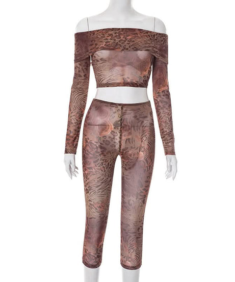 Fierce Fall Nights: Mesh Animal Print Off-Shoulder Crop Top & Leggings Set