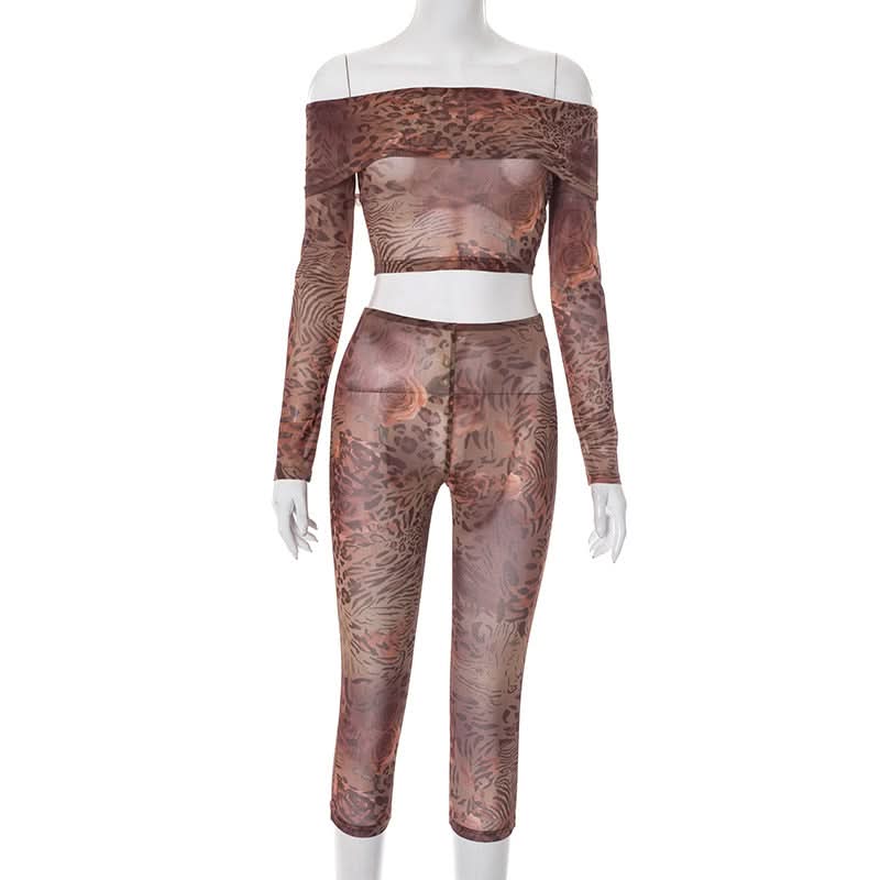 Fierce Fall Nights: Mesh Animal Print Off-Shoulder Crop Top & Leggings Set
