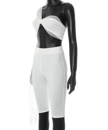 Iconic White One-Shoulder Mesh Crop Top & Biker Shorts Set – Trendy Fall Party & Vacation Statement 2-Piece Outfit