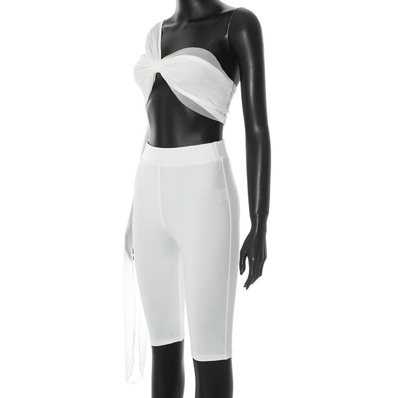 Iconic White One-Shoulder Mesh Crop Top & Biker Shorts Set – Trendy Fall Party & Vacation Statement 2-Piece Outfit