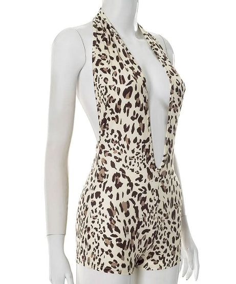 Unleash Your Wild Side: Fierce Leopard Deep V Halter Romper - Fall Party & Halloween Ready