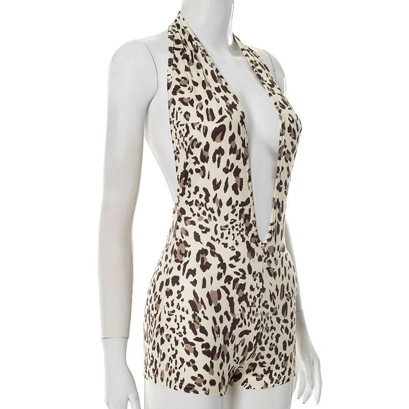 Unleash Your Wild Side: Fierce Leopard Deep V Halter Romper - Fall Party & Halloween Ready