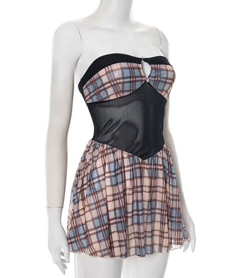 Fall Plaid Mesh Cut-Out Mini Dress - Strapless Y2K Party & Goth-Chic Style