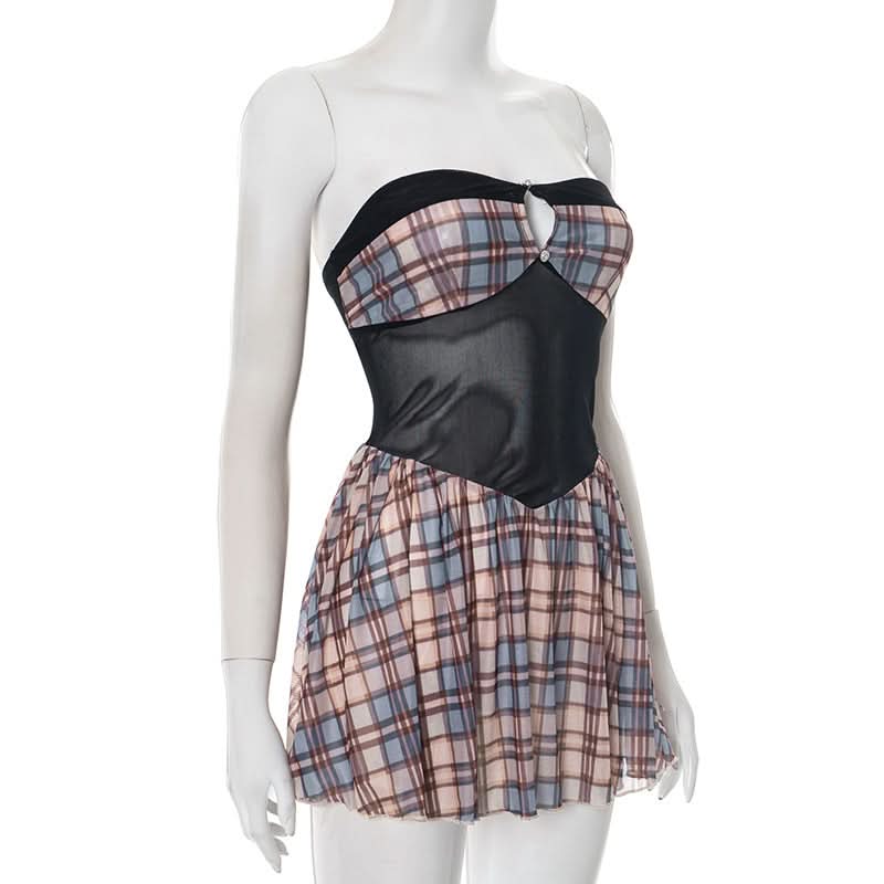 Fall Plaid Mesh Cut-Out Mini Dress - Strapless Y2K Party & Goth-Chic Style