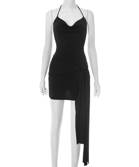 Chic Black Halter Cowl Neck Mini Dress with Asymmetrical Drape | Fall & Holiday Party Ready