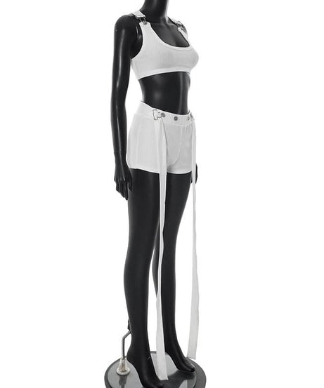 White Ribbed Square Neck Crop Top & Long-Tie Shorts Set - Chic Vacation & Party Ready