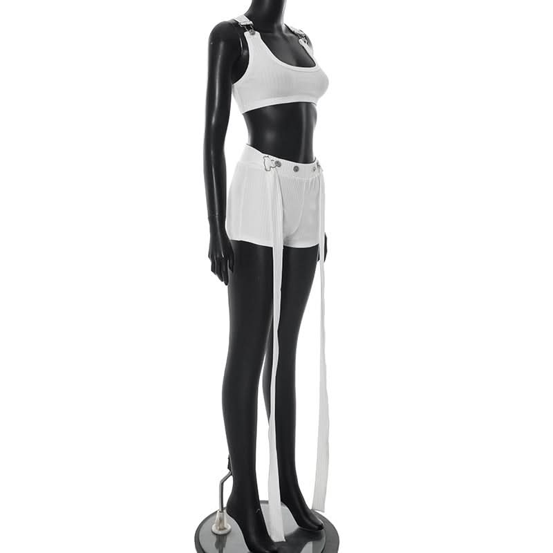 White Ribbed Square Neck Crop Top & Long-Tie Shorts Set - Chic Vacation & Party Ready
