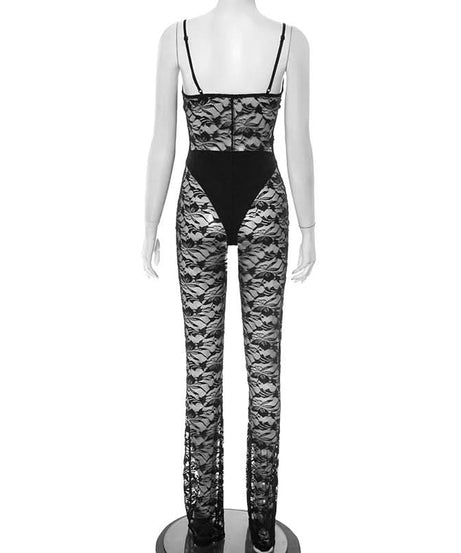 Sultry Black Lace Sheer Jumpsuit - Daring V-Neck Cami for Fall Nights & Halloween