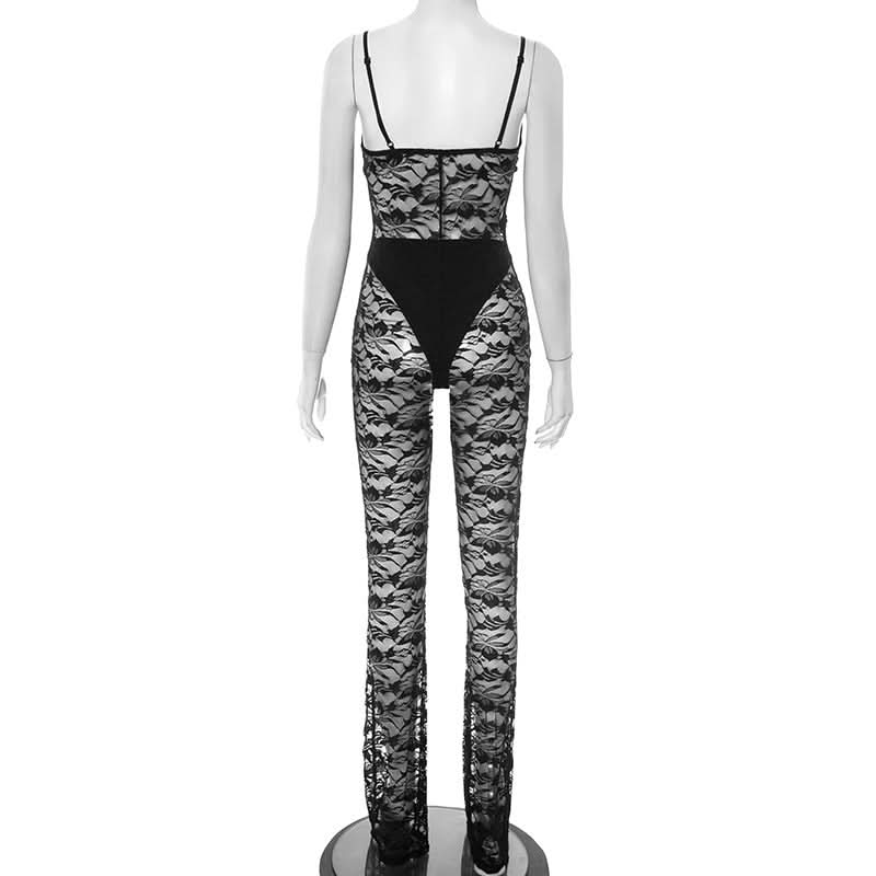 Sultry Black Lace Sheer Jumpsuit - Daring V-Neck Cami for Fall Nights & Halloween