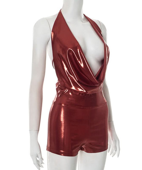 Liquid Metallic Cowl Neck Halter Romper - Daring Plunge for Holiday Parties & NYE