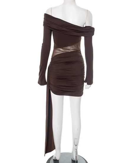 Sultry Chocolate Mesh Cutout Mini Dress - Off-Shoulder Ruched Party Dress for Fall Nights