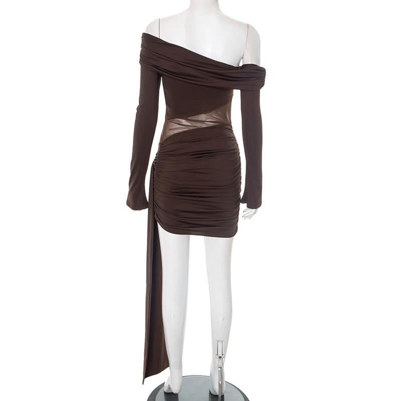 Sultry Chocolate Mesh Cutout Mini Dress - Off-Shoulder Ruched Party Dress for Fall Nights