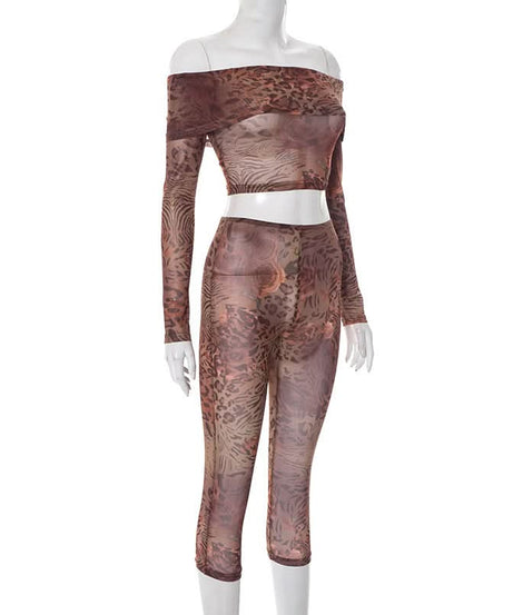 Fierce Fall Nights: Mesh Animal Print Off-Shoulder Crop Top & Leggings Set