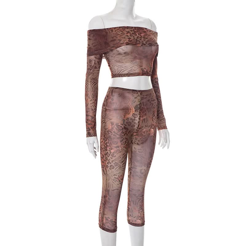 Fierce Fall Nights: Mesh Animal Print Off-Shoulder Crop Top & Leggings Set