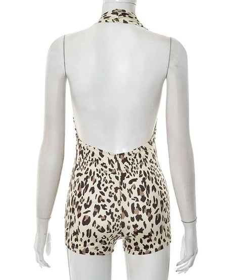 Unleash Your Wild Side: Fierce Leopard Deep V Halter Romper - Fall Party & Halloween Ready