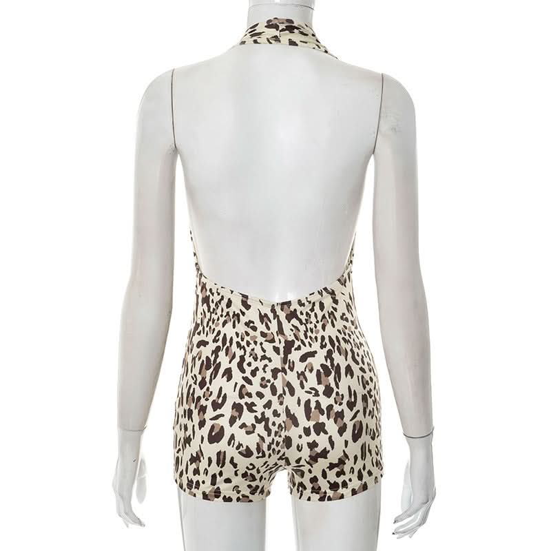 Unleash Your Wild Side: Fierce Leopard Deep V Halter Romper - Fall Party & Halloween Ready