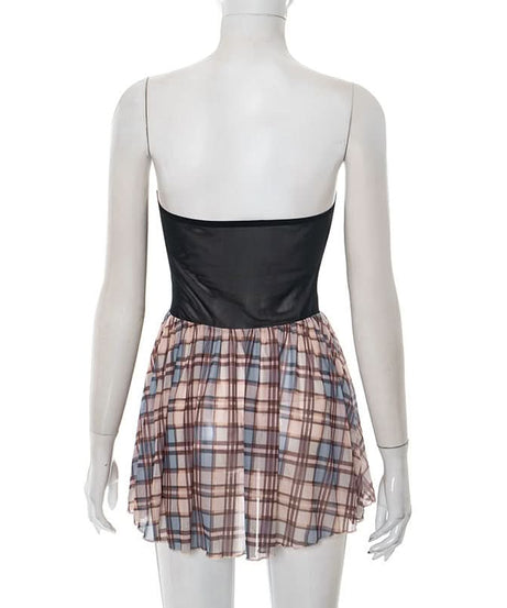 Fall Plaid Mesh Cut-Out Mini Dress - Strapless Y2K Party & Goth-Chic Style