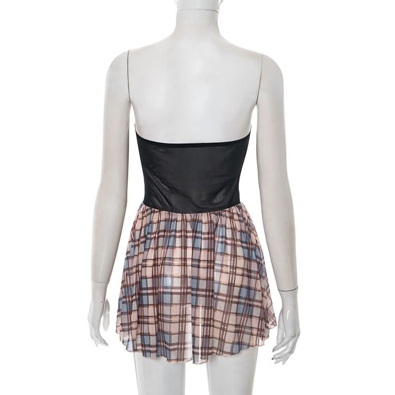 Fall Plaid Mesh Cut-Out Mini Dress - Strapless Y2K Party & Goth-Chic Style