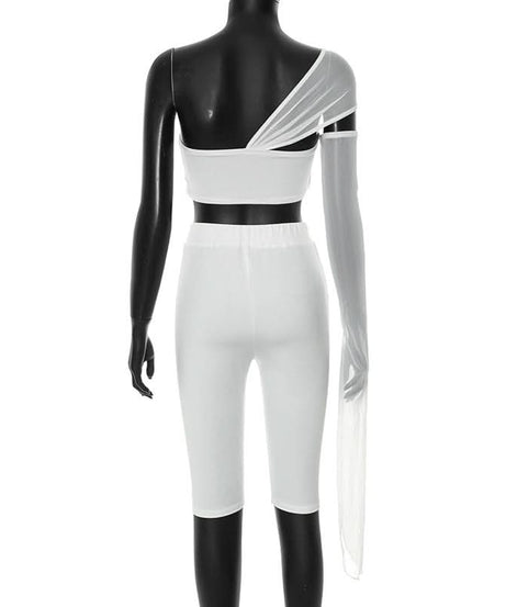 Iconic White One-Shoulder Mesh Crop Top & Biker Shorts Set – Trendy Fall Party & Vacation Statement 2-Piece Outfit