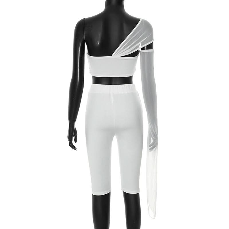 Iconic White One-Shoulder Mesh Crop Top & Biker Shorts Set – Trendy Fall Party & Vacation Statement 2-Piece Outfit