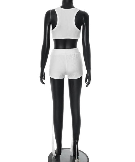 White Ribbed Square Neck Crop Top & Long-Tie Shorts Set - Chic Vacation & Party Ready