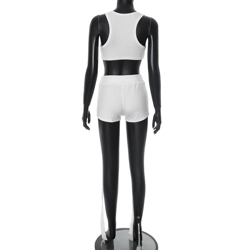 White Ribbed Square Neck Crop Top & Long-Tie Shorts Set - Chic Vacation & Party Ready