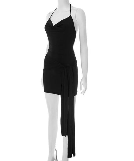 Chic Black Halter Cowl Neck Mini Dress with Asymmetrical Drape | Fall & Holiday Party Ready