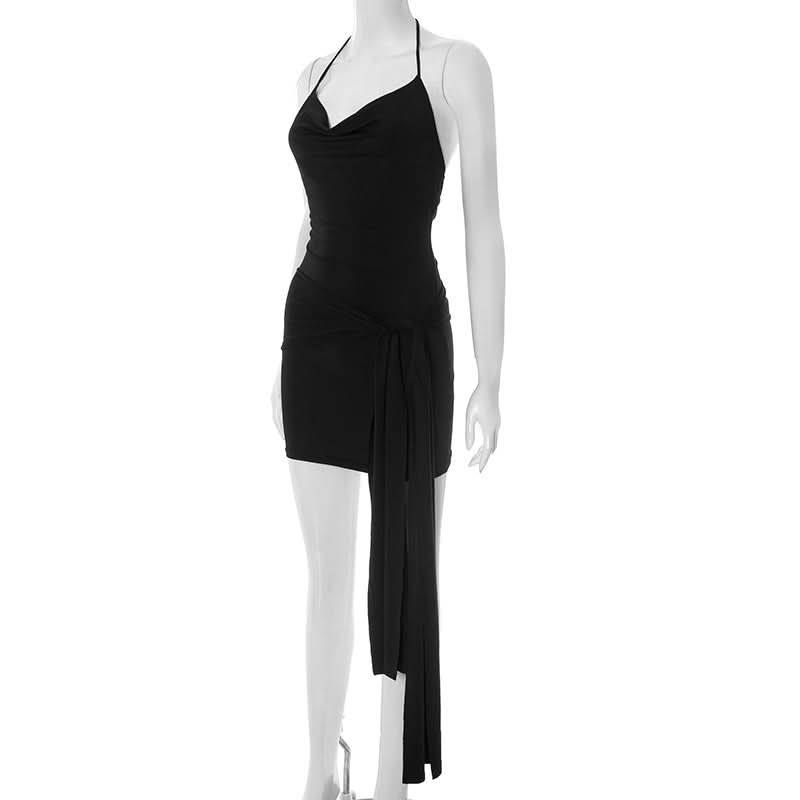 Chic Black Halter Cowl Neck Mini Dress with Asymmetrical Drape | Fall & Holiday Party Ready