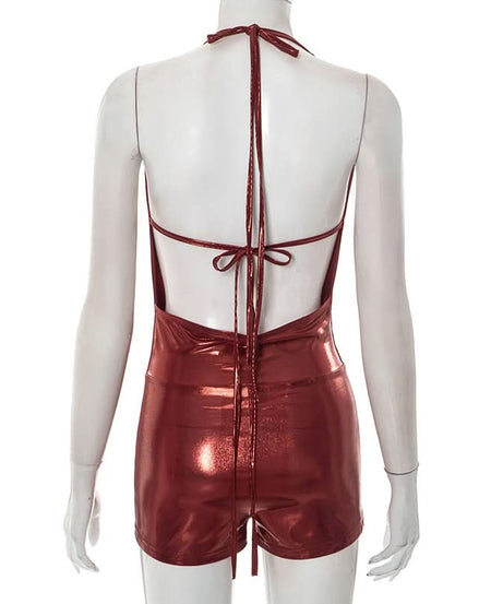 Liquid Metallic Cowl Neck Halter Romper - Daring Plunge for Holiday Parties & NYE