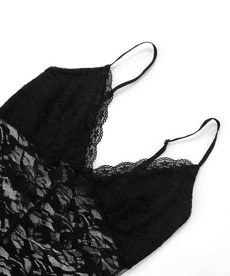 Sultry Black Lace Sheer Jumpsuit - Daring V-Neck Cami for Fall Nights & Halloween
