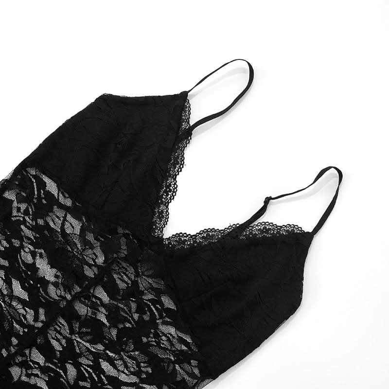 Sultry Black Lace Sheer Jumpsuit - Daring V-Neck Cami for Fall Nights & Halloween